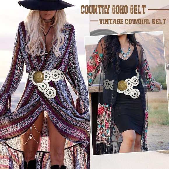 Woman\'s Western PU Leather Belts Concho Disc Wide Waist Belt White Bronze Buckle main image 5